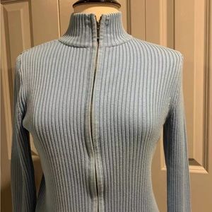 LL Bean Women's Cotton Rib Knit Sweater Blue Zip Front Cardigan Long Sleeve Sz S